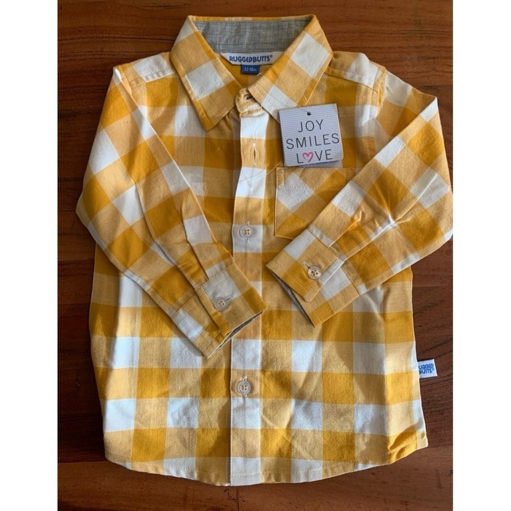 Ruggedbutts yellow plaid ButtonDown Boys long Sleeve Shirt. NWT size 12-18 Month